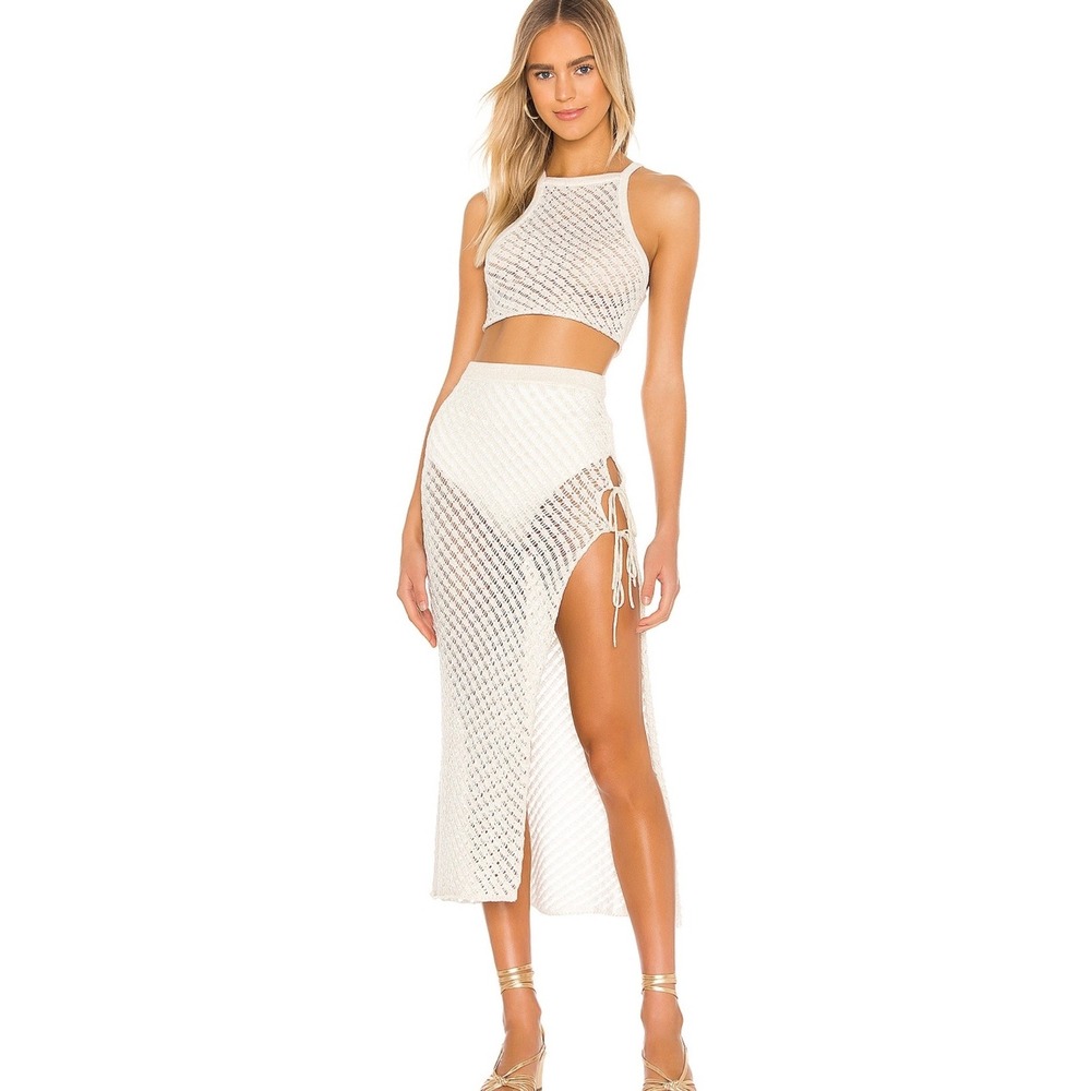 Camila Coelho Womens 2 Piece Knit Set Crop Top Midi Skirt Gold Lurex Cream M